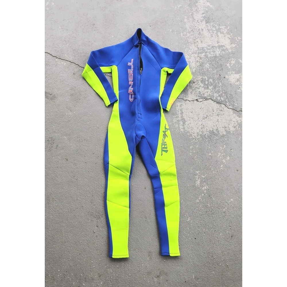 Vintage O'NEILL NEON + Blue 3/2 MM Full Wetsuit Surf Zipper USA Made Sz SMALL